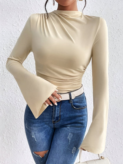 Solid Color Mock Neck Flared Sleeve Ruched Blouse