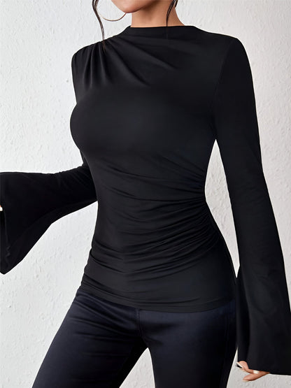 Solid Color Mock Neck Flared Sleeve Ruched Blouse