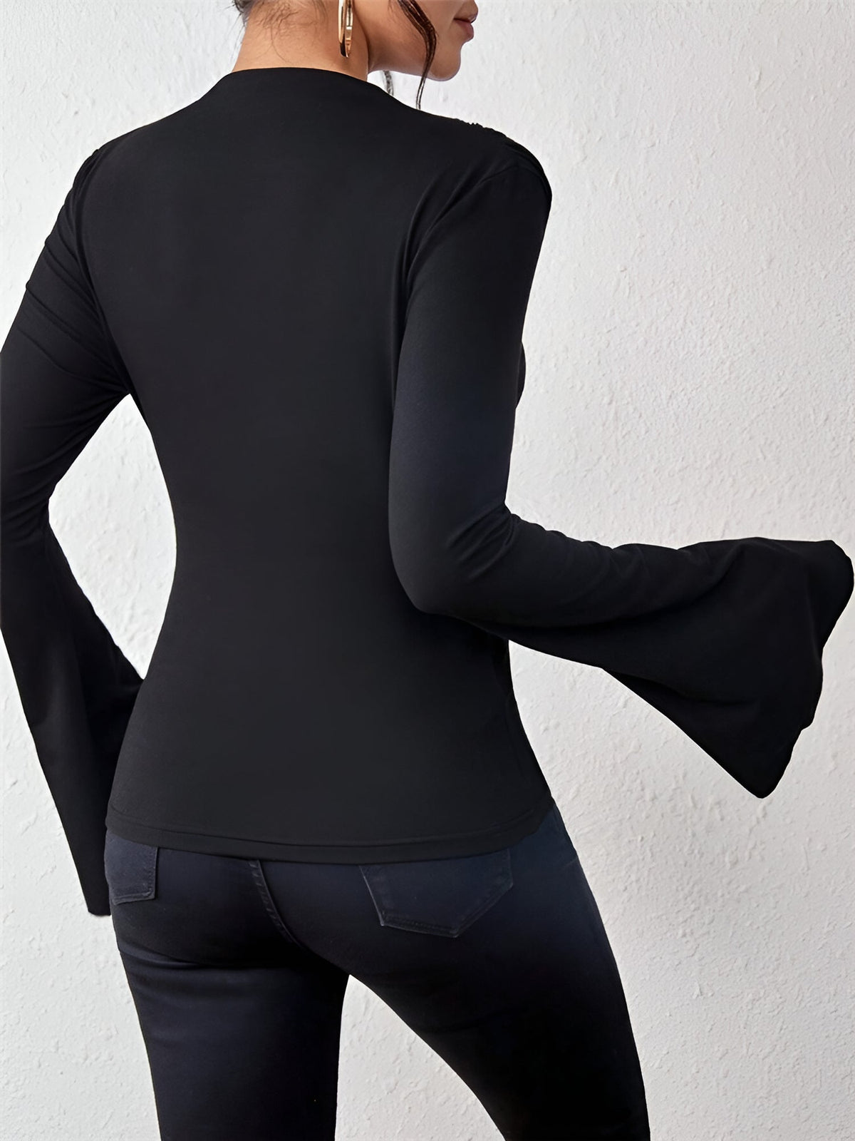 Solid Color Mock Neck Flared Sleeve Ruched Blouse