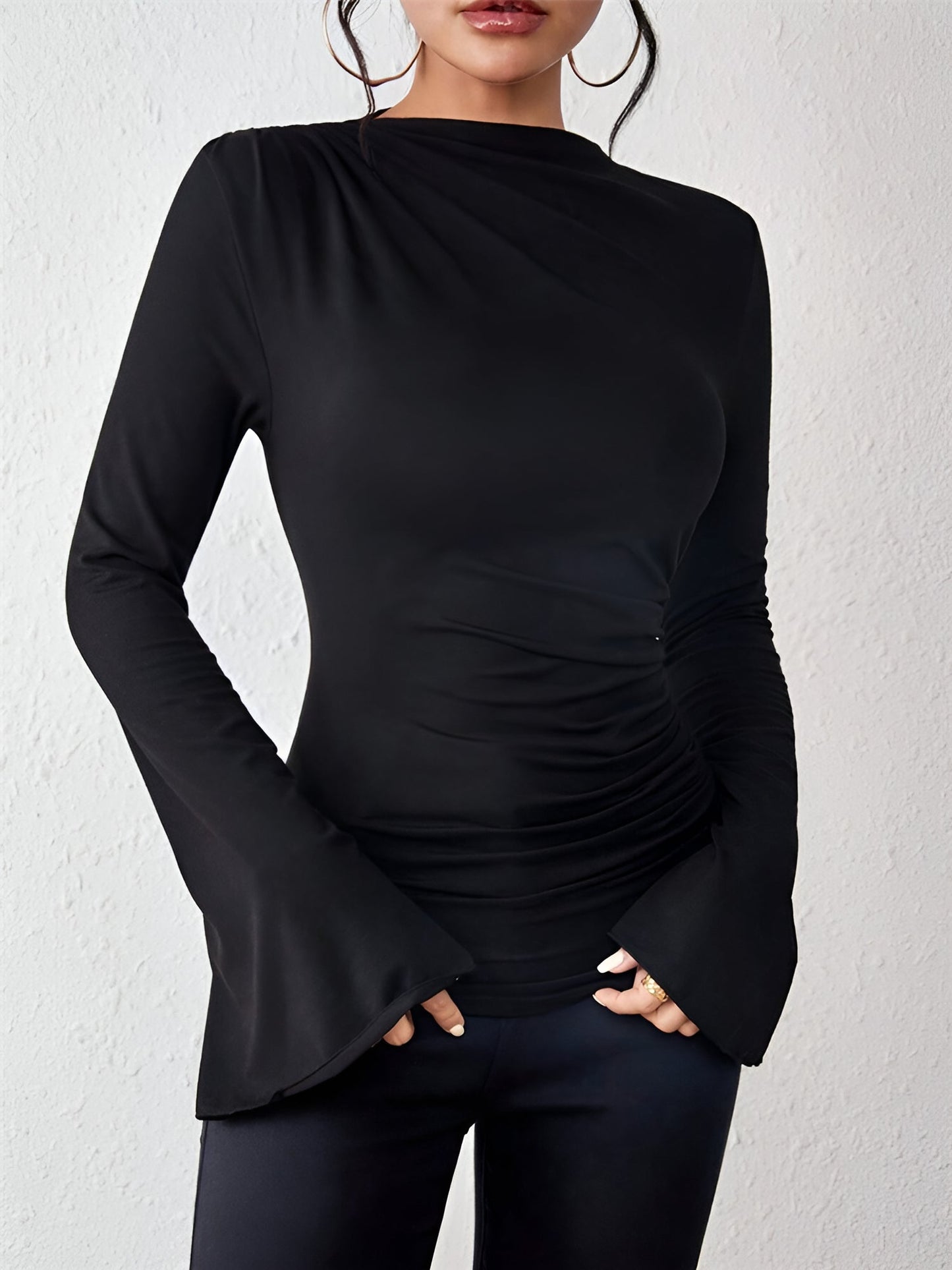Solid Color Mock Neck Flared Sleeve Ruched Blouse