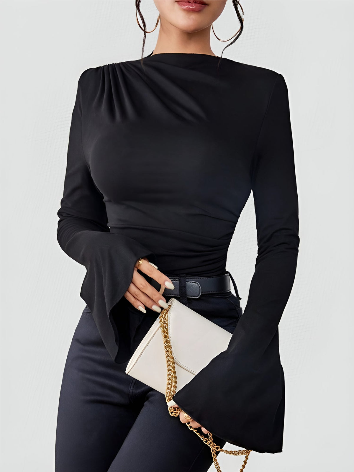 Solid Color Mock Neck Flared Sleeve Ruched Blouse