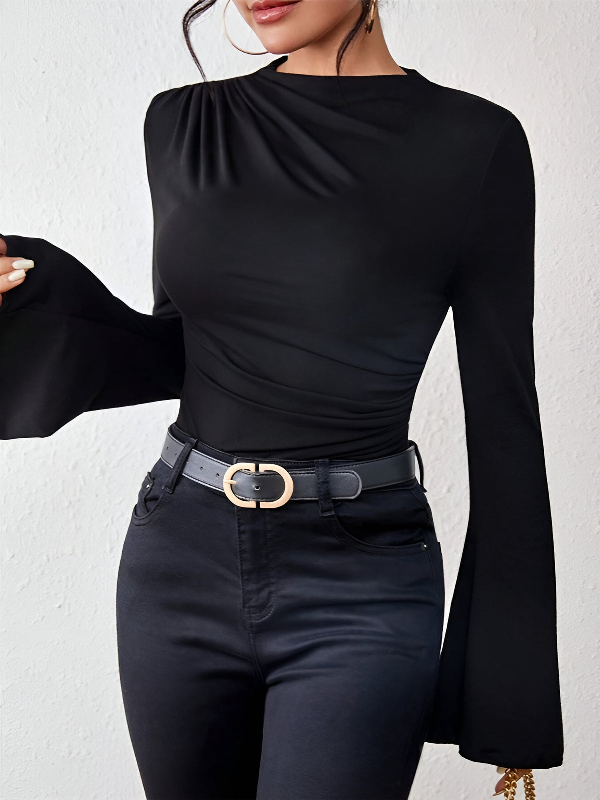 Solid Color Mock Neck Flared Sleeve Ruched Blouse