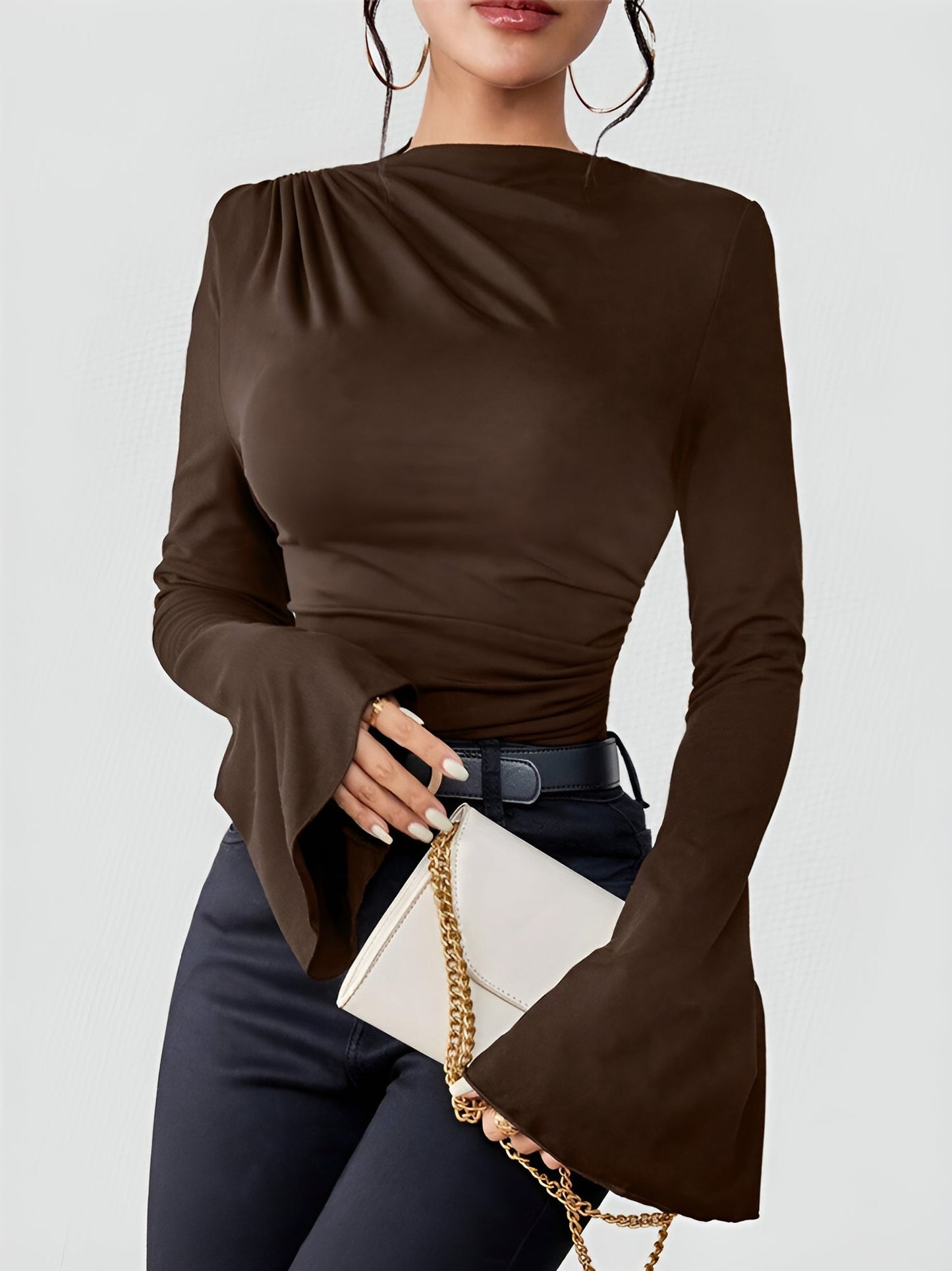 Solid Color Mock Neck Flared Sleeve Ruched Blouse
