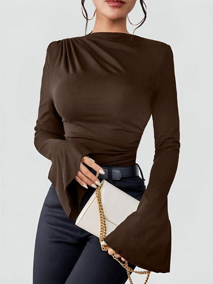 Solid Color Mock Neck Flared Sleeve Ruched Blouse