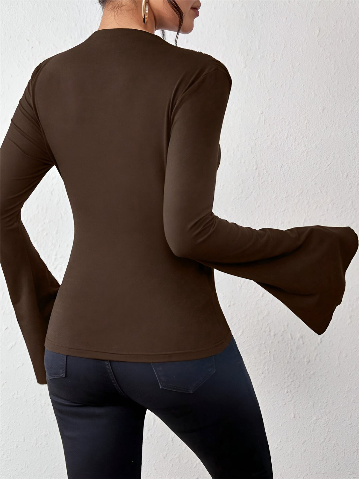 Solid Color Mock Neck Flared Sleeve Ruched Blouse