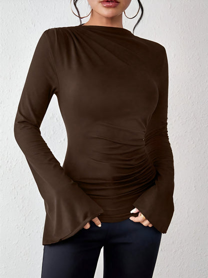 Solid Color Mock Neck Flared Sleeve Ruched Blouse