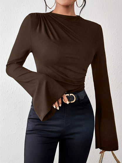 Solid Color Mock Neck Flared Sleeve Ruched Blouse