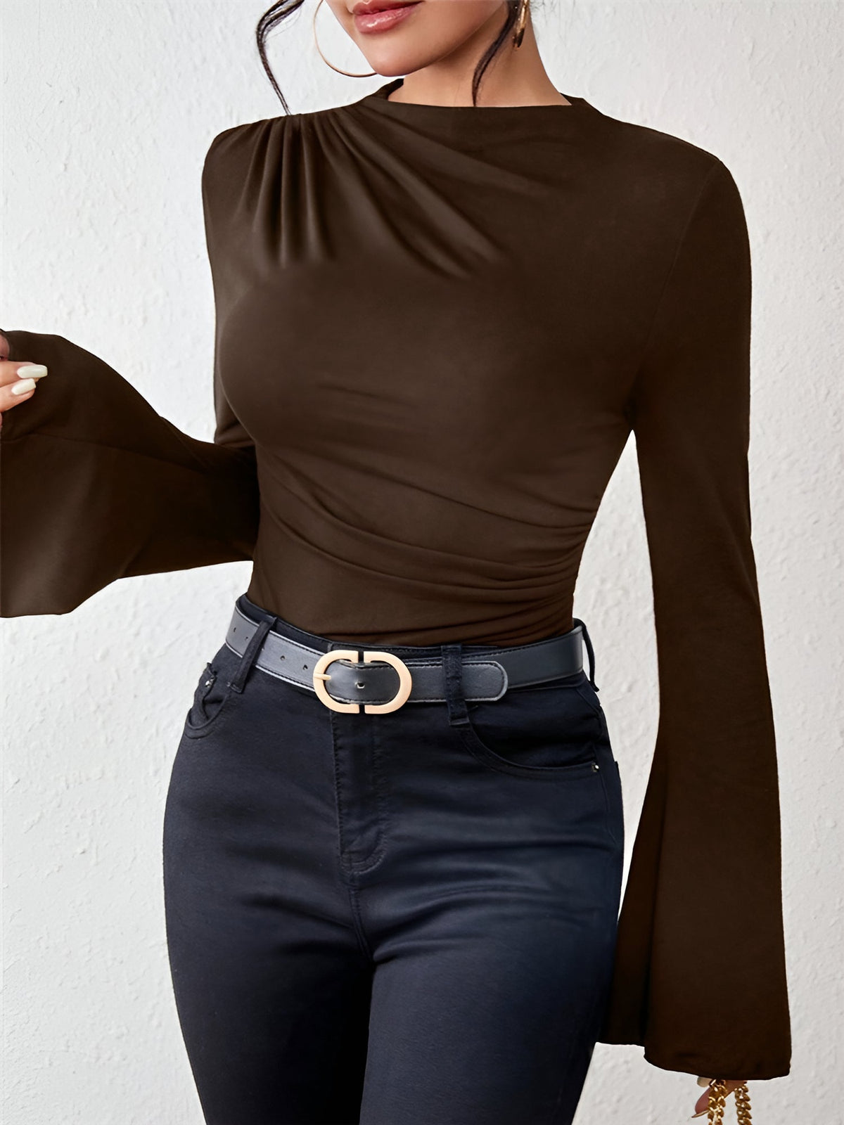 Solid Color Mock Neck Flared Sleeve Ruched Blouse