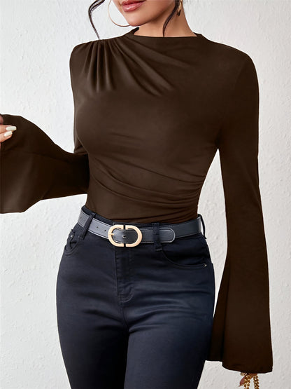 Solid Color Mock Neck Flared Sleeve Ruched Blouse