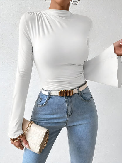 Solid Color Mock Neck Flared Sleeve Ruched Blouse