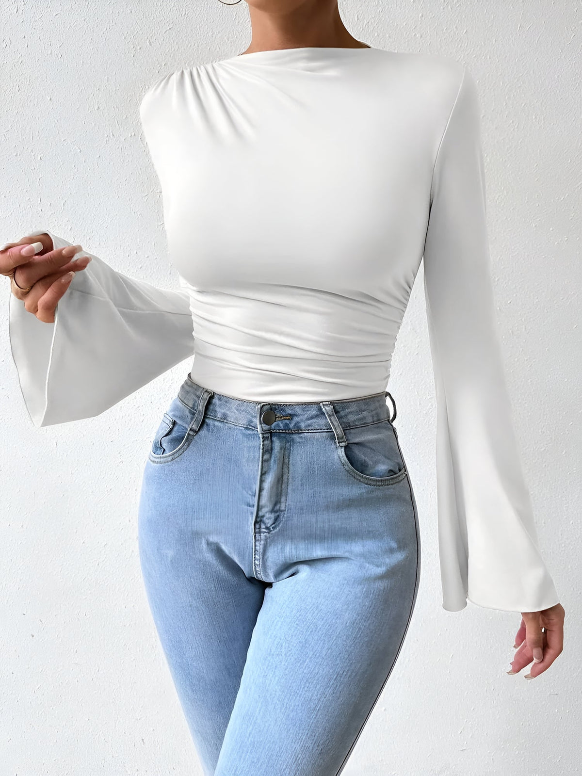Solid Color Mock Neck Flared Sleeve Ruched Blouse