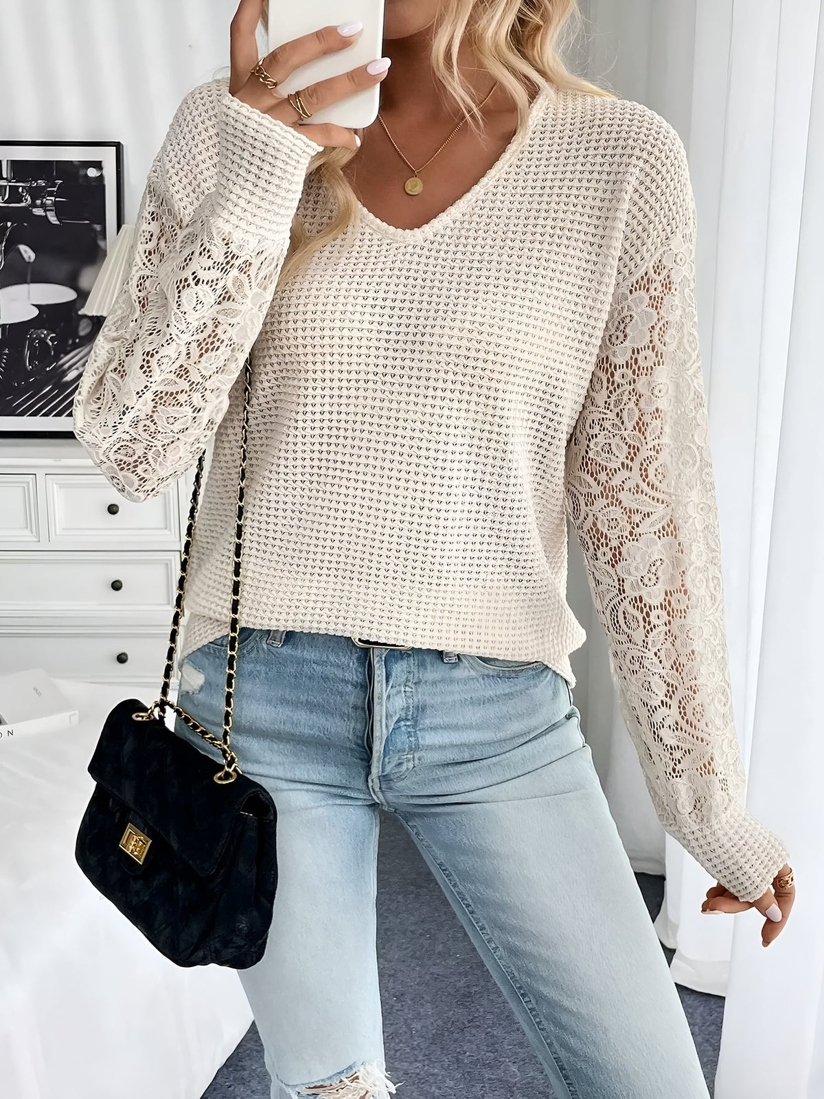V Neck Lace Sheer Long Sleeves Blouse