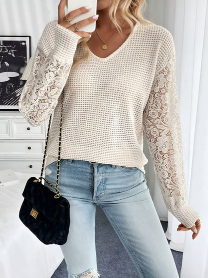 V Neck Lace Sheer Long Sleeves Blouse