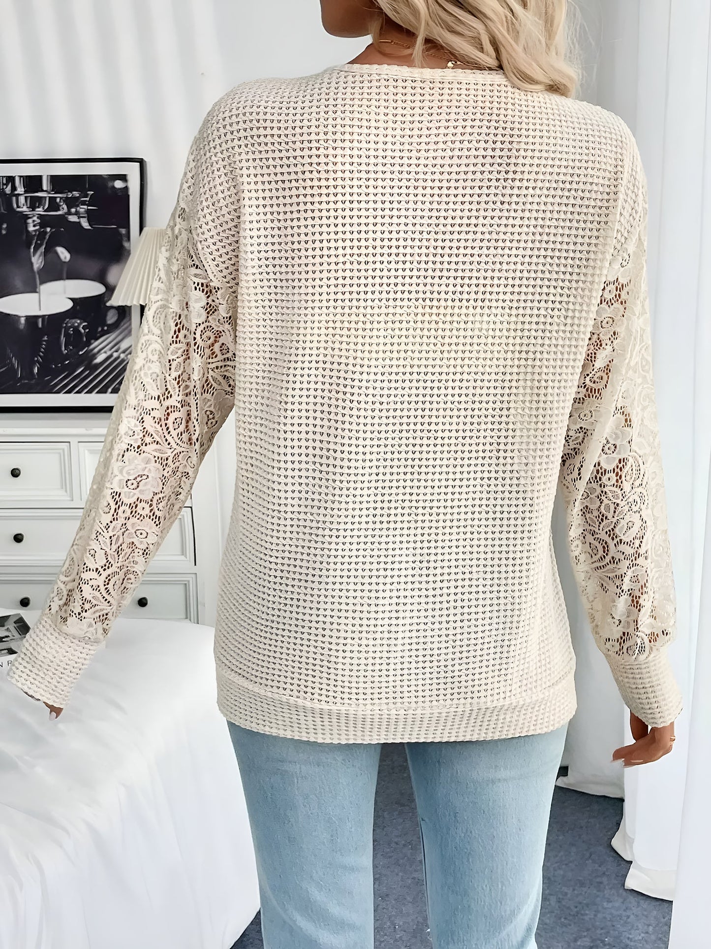 V Neck Lace Sheer Long Sleeves Blouse
