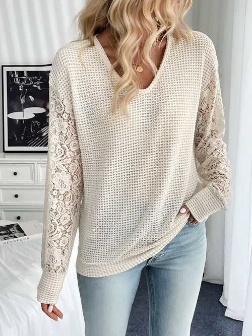 V Neck Lace Sheer Long Sleeves Blouse