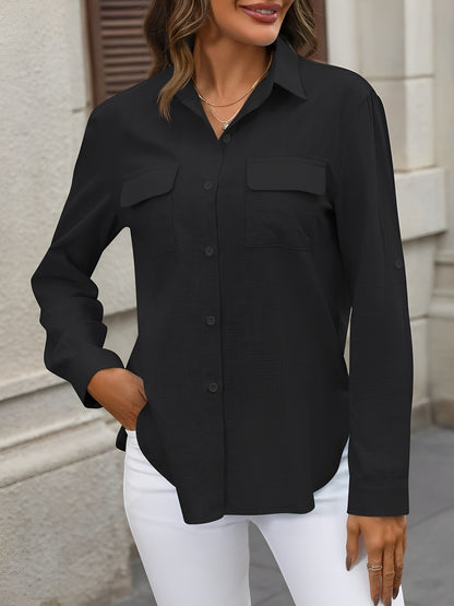 Solid Color Collared Rolled Sleeves Button Down Shirt