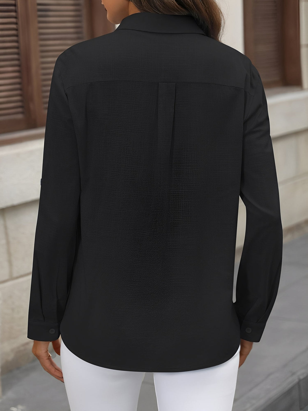 Solid Color Collared Rolled Sleeves Button Down Shirt