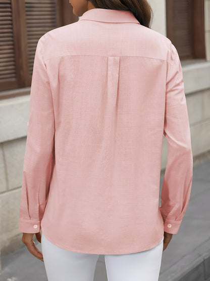 Solid Color Collared Rolled Sleeves Button Down Shirt