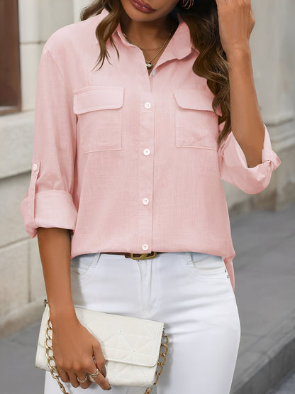 Solid Color Collared Rolled Sleeves Button Down Shirt