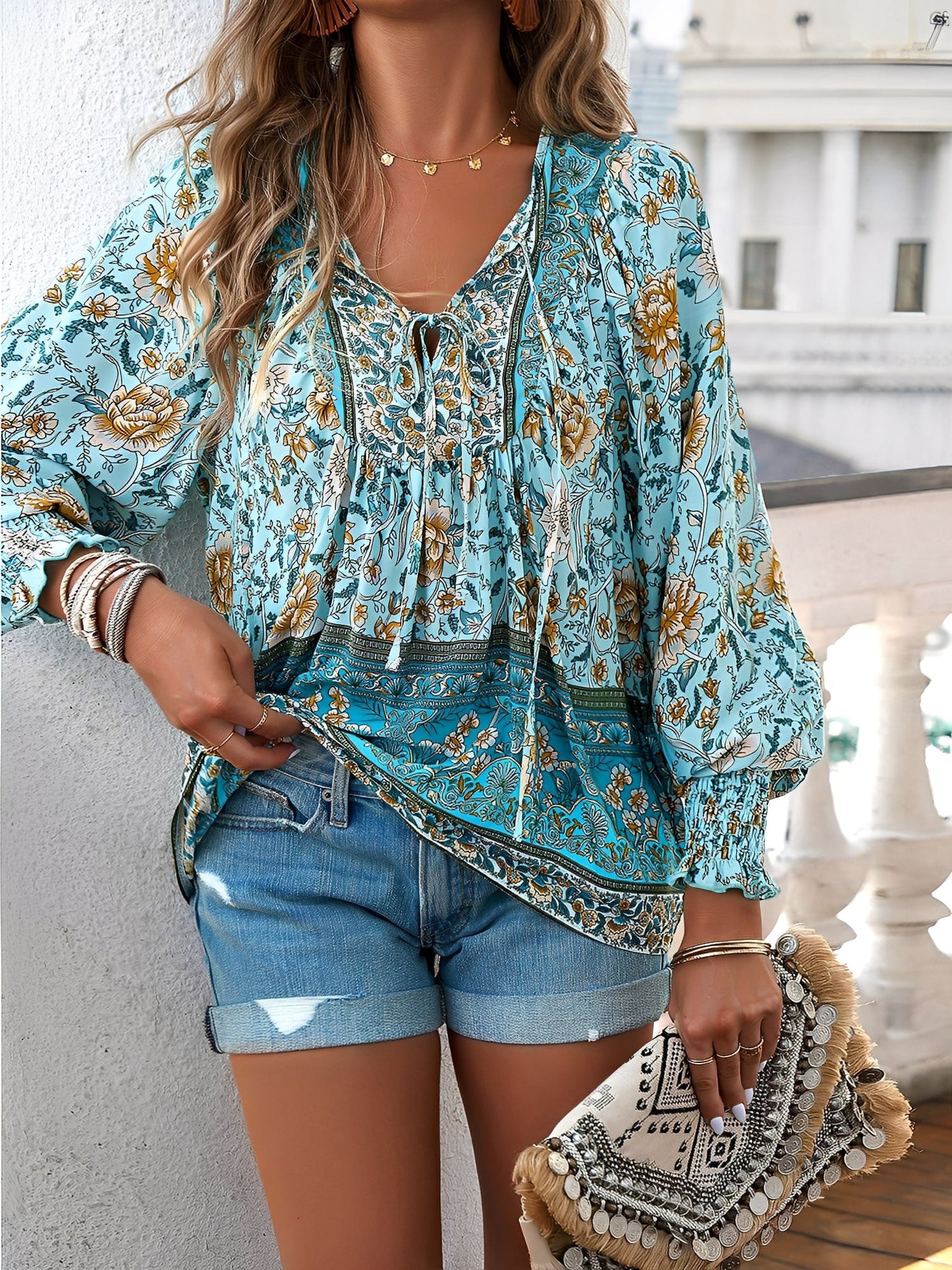 Lace-Up Boho Floral Smock Long Sleeves Blouse