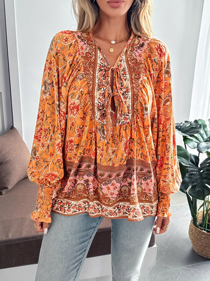 Lace-Up Boho Floral Smock Long Sleeves Blouse