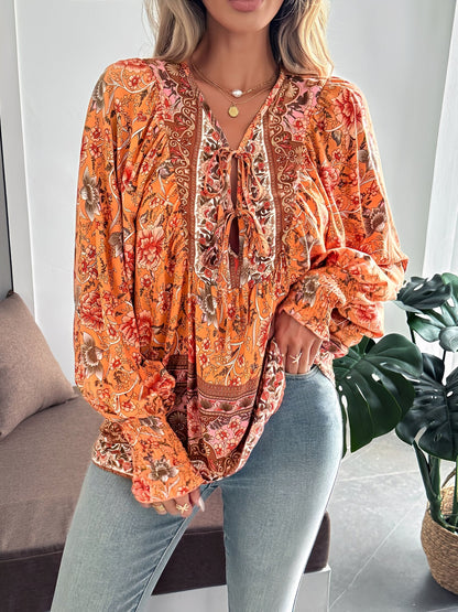 Lace-Up Boho Floral Smock Long Sleeves Blouse