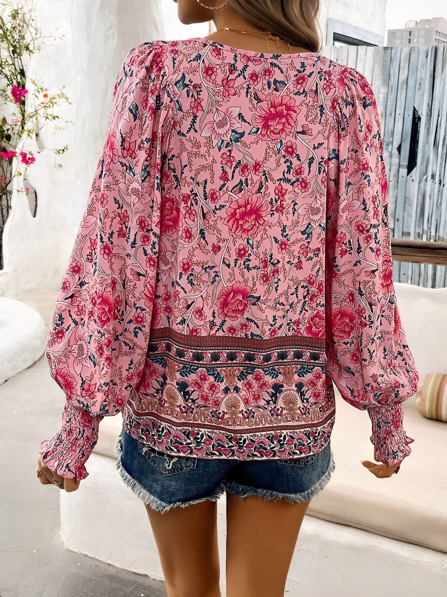 Lace-Up Boho Floral Smock Long Sleeves Blouse