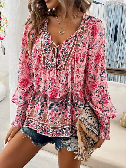 Lace-Up Boho Floral Smock Long Sleeves Blouse