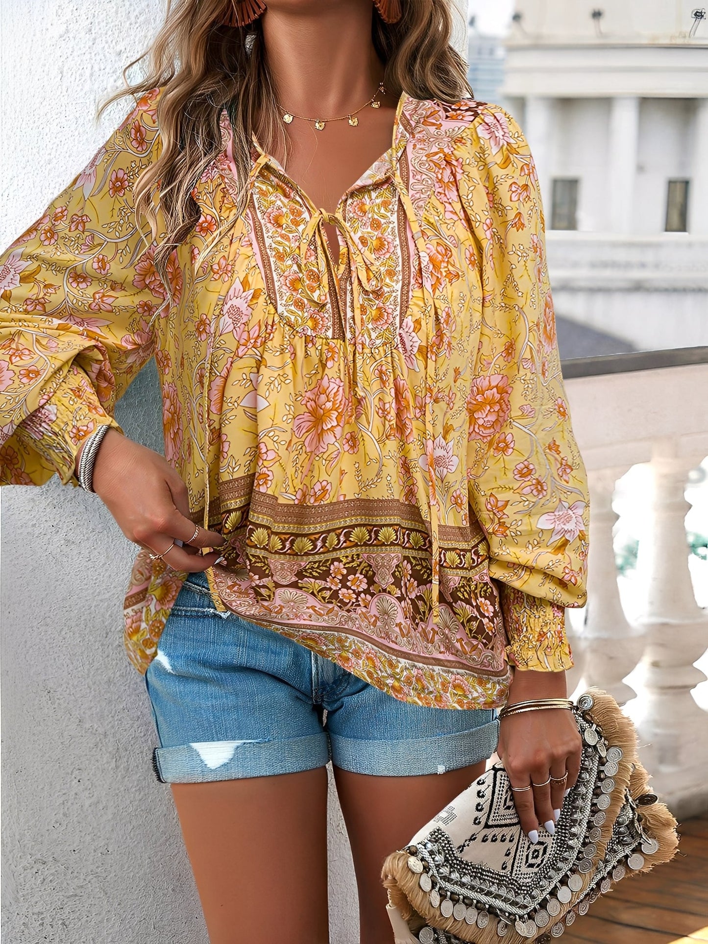 Lace-Up Boho Floral Smock Long Sleeves Blouse