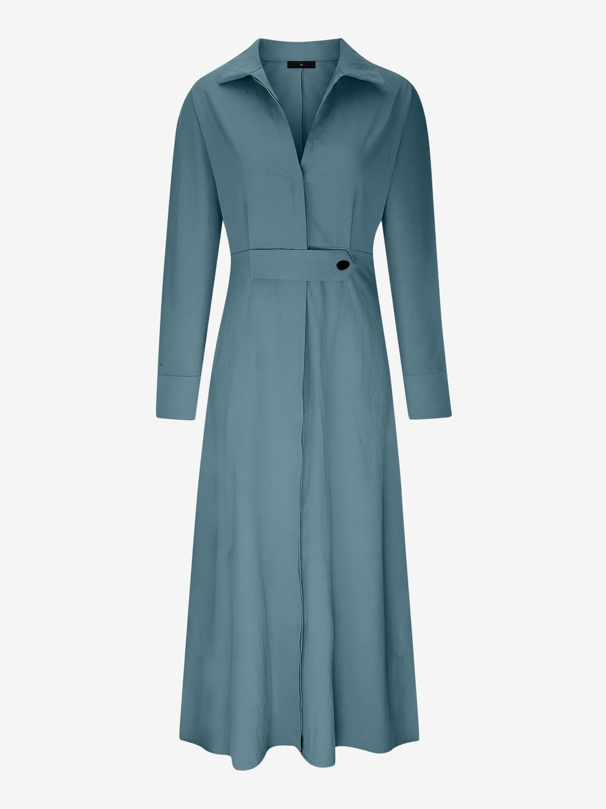 Solid Color Collared Long Sleeve Pockets Slit Dress