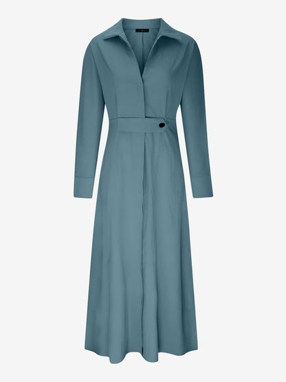 Solid Color Collared Long Sleeve Pockets Slit Dress