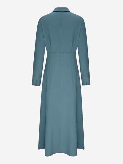 Solid Color Collared Long Sleeve Pockets Slit Dress