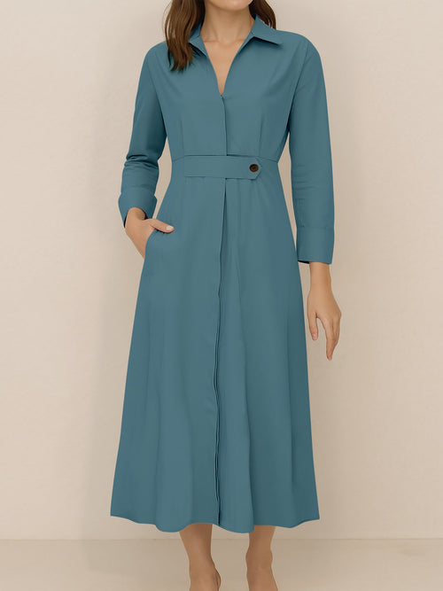 Solid Color Collared Long Sleeve Pockets Slit Dress