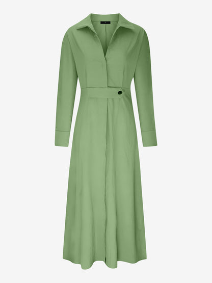Solid Color Collared Long Sleeve Pockets Slit Dress