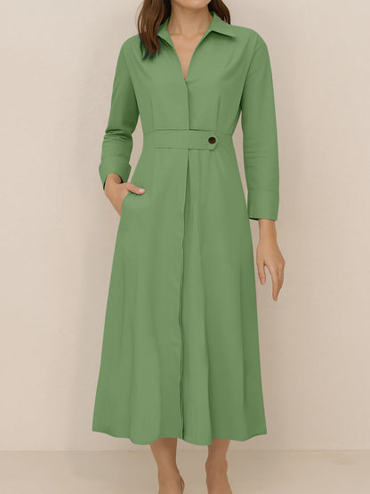Solid Color Collared Long Sleeve Pockets Slit Dress