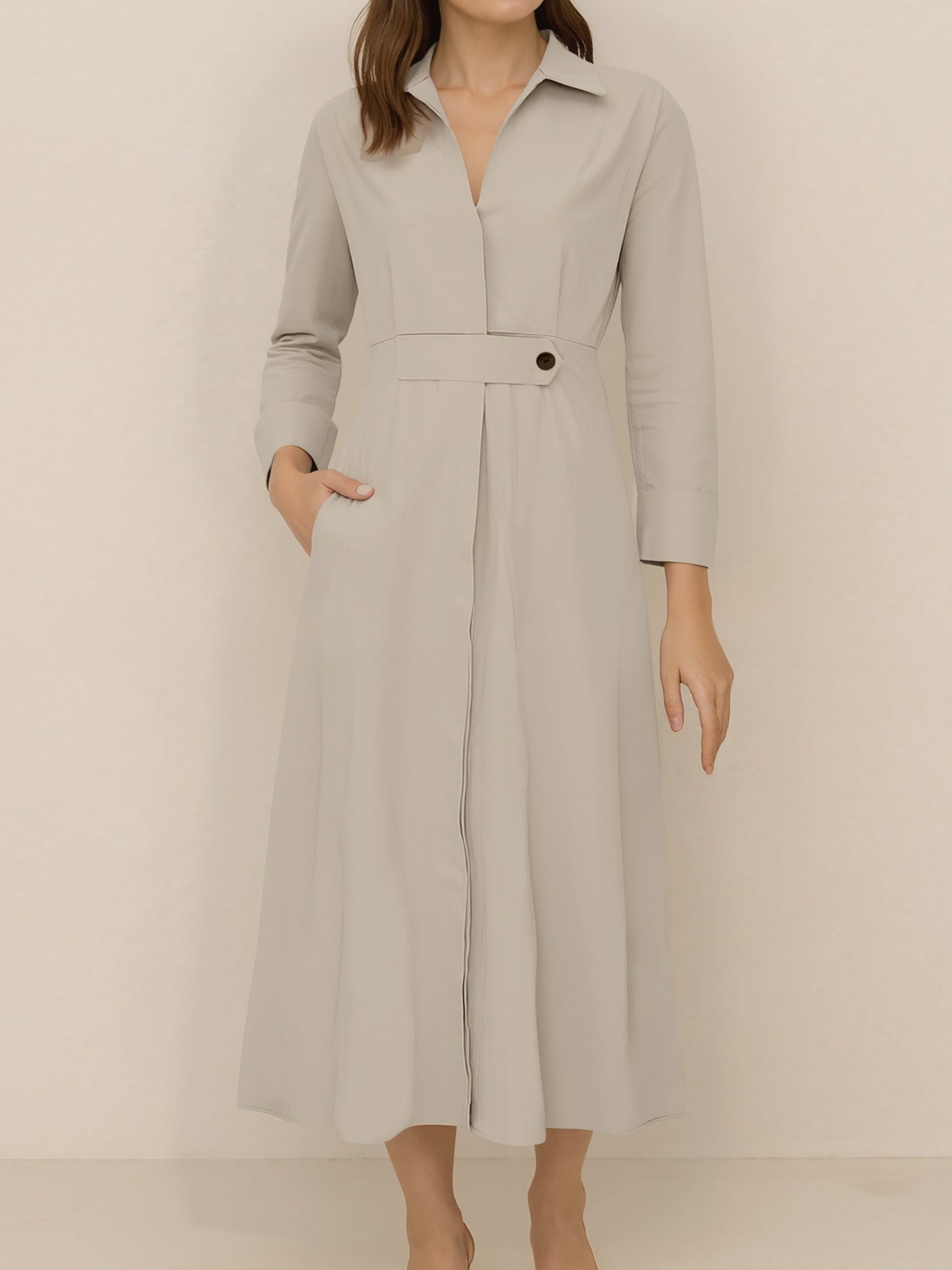 Solid Color Collared Long Sleeve Pockets Slit Dress