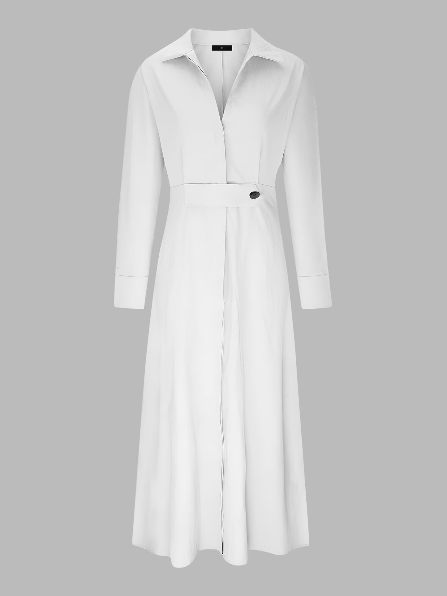 Solid Color Collared Long Sleeve Pockets Slit Dress