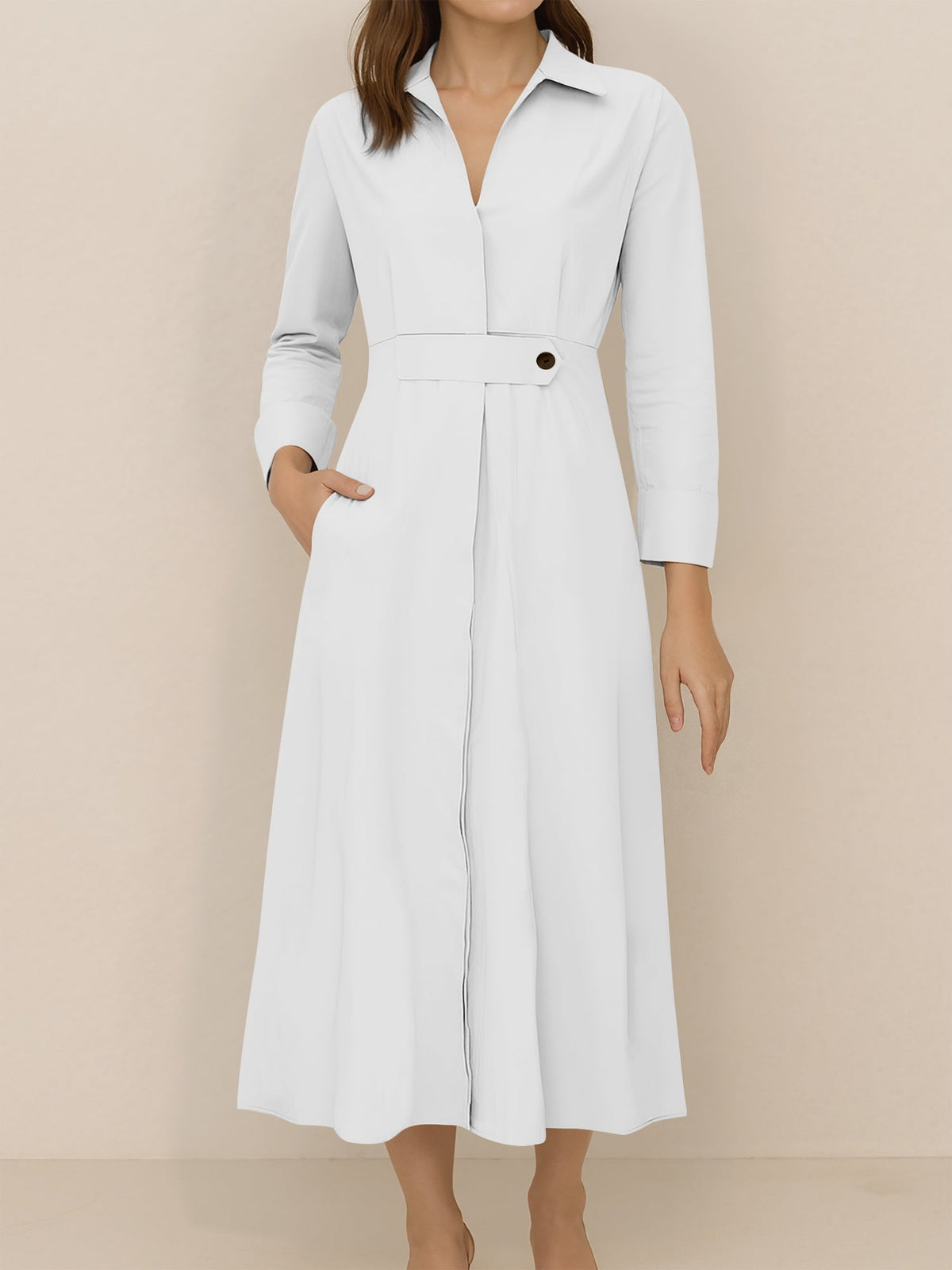 Solid Color Collared Long Sleeve Pockets Slit Dress