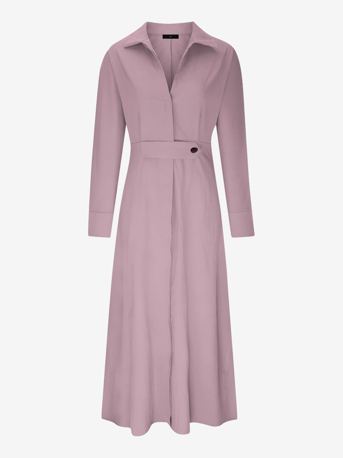 Solid Color Collared Long Sleeve Pockets Slit Dress