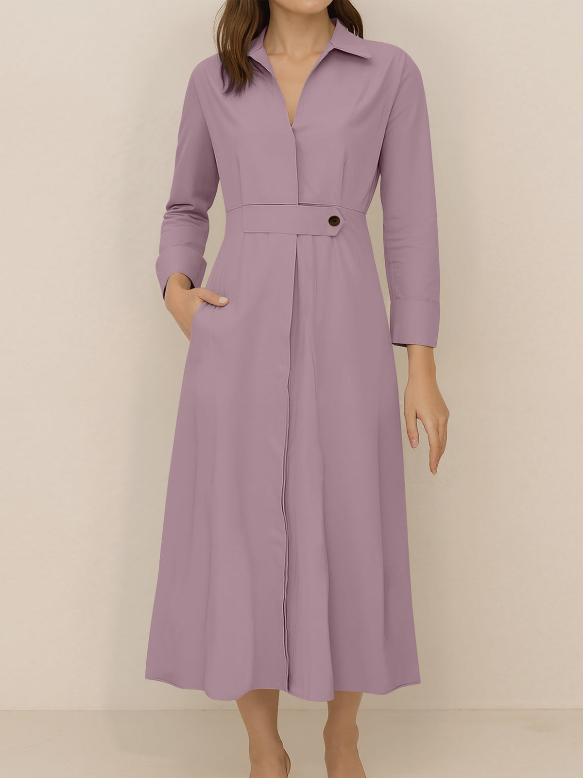Solid Color Collared Long Sleeve Pockets Slit Dress