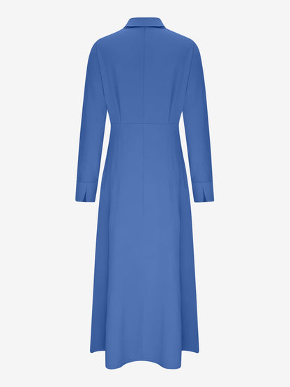 Solid Color Collared Long Sleeve Pockets Slit Dress