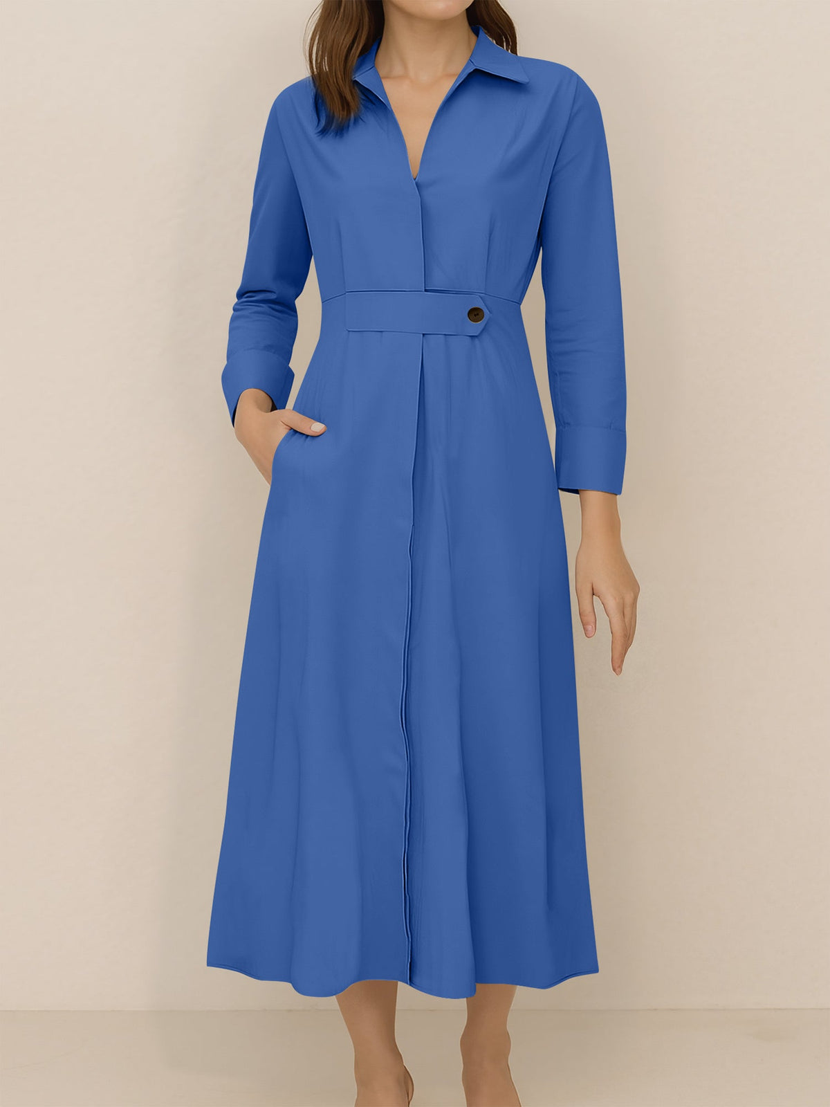 Solid Color Collared Long Sleeve Pockets Slit Dress