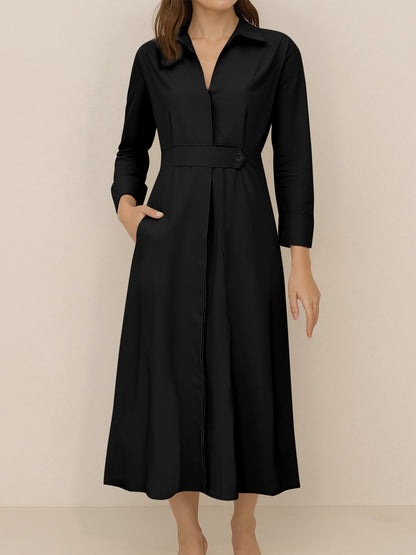 Solid Color Collared Long Sleeve Pockets Slit Dress