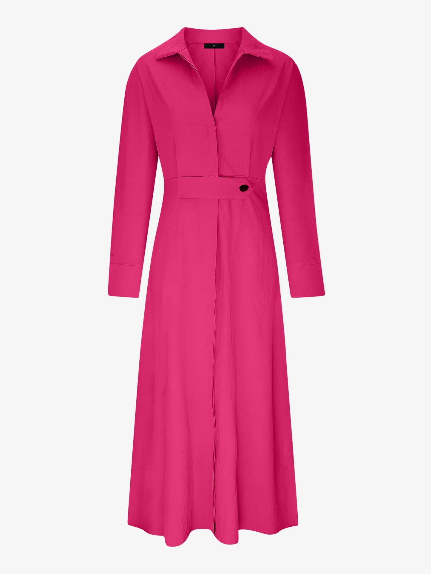 Solid Color Collared Long Sleeve Pockets Slit Dress