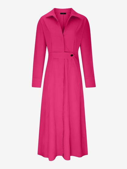 Solid Color Collared Long Sleeve Pockets Slit Dress