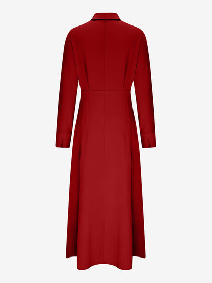 Solid Color Collared Long Sleeve Pockets Slit Dress