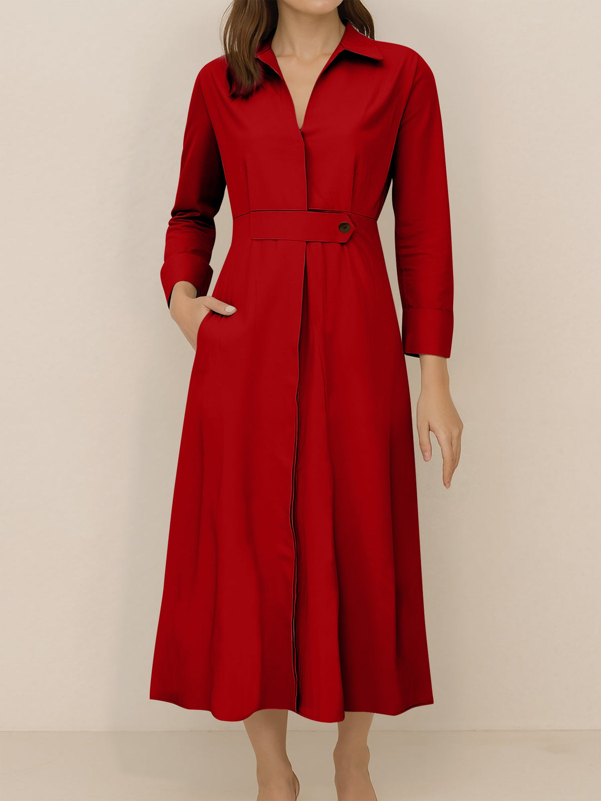 Solid Color Collared Long Sleeve Pockets Slit Dress