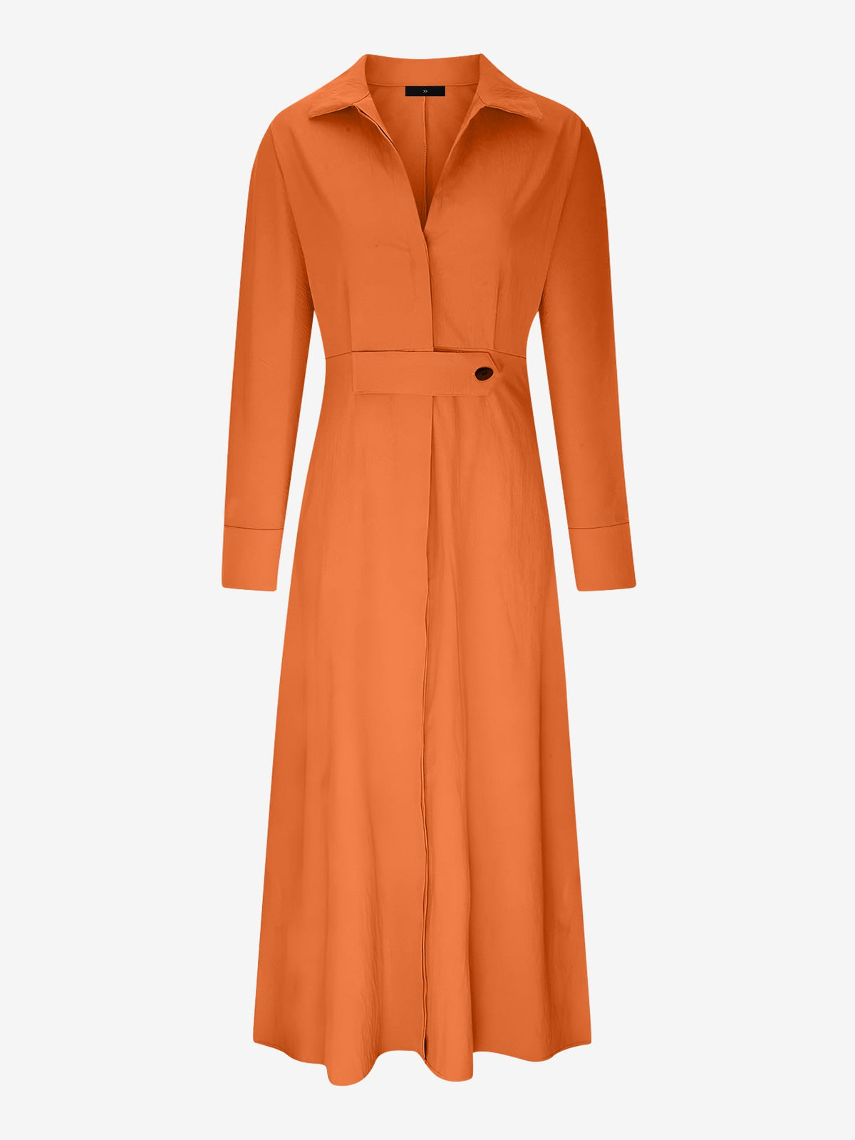 Solid Color Collared Long Sleeve Pockets Slit Dress