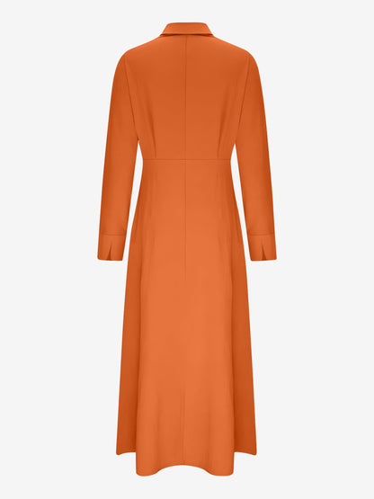 Solid Color Collared Long Sleeve Pockets Slit Dress