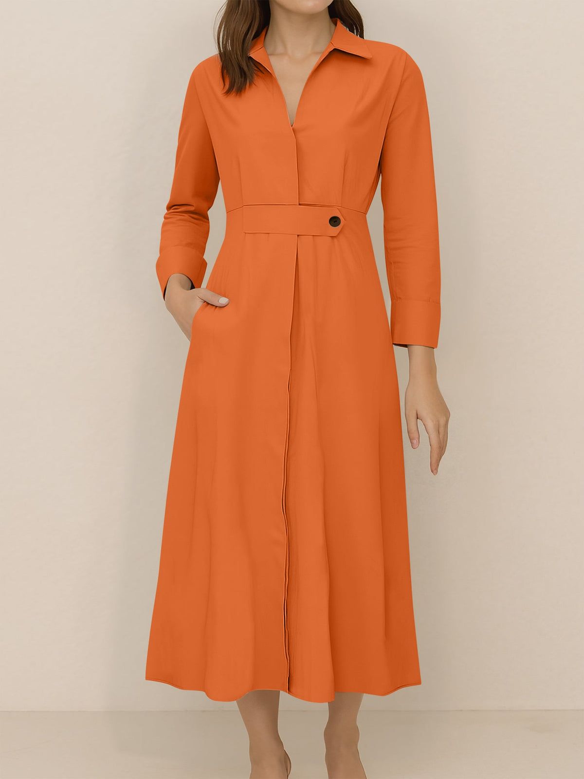 Solid Color Collared Long Sleeve Pockets Slit Dress